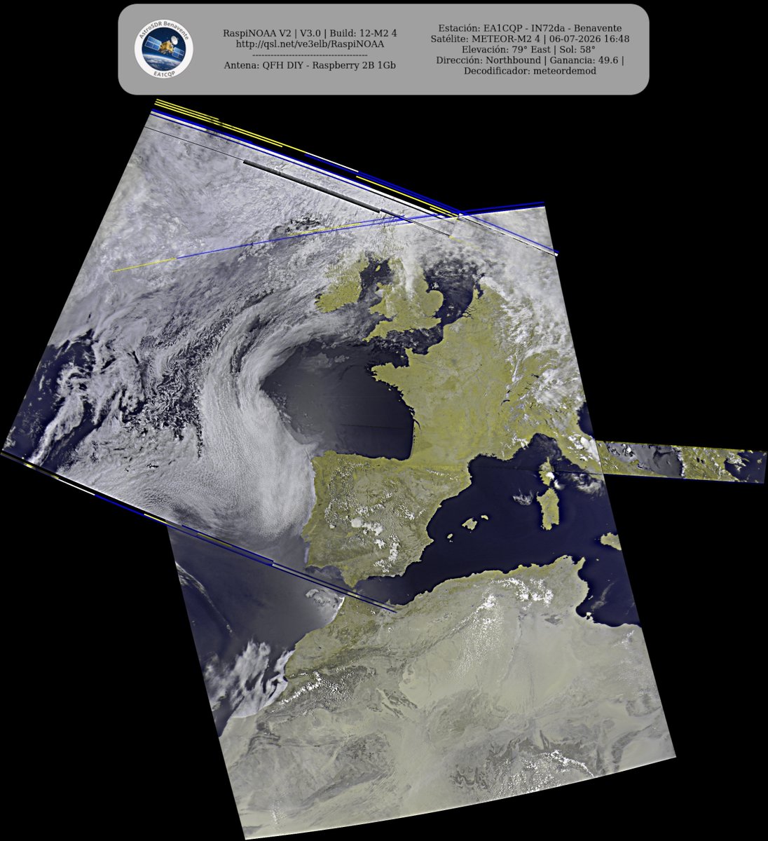monforra's tweet photo. Ground Station: EA1CQP - IN72da - Benavente METEOR-M2 4 06-07-2026 16:25 CEST  Max Elev: 79° E Sun Elevation: 58° Gain: 49.6 | Northbound

#NOAA #MeteorM2_3 #MeteorM2_4 #weather #weathersats #APT #LRPT #wxtoimg #MeteorDemod #rtlsdr #gpredict #raspberrypi https://t.co/mB3LXAePaM