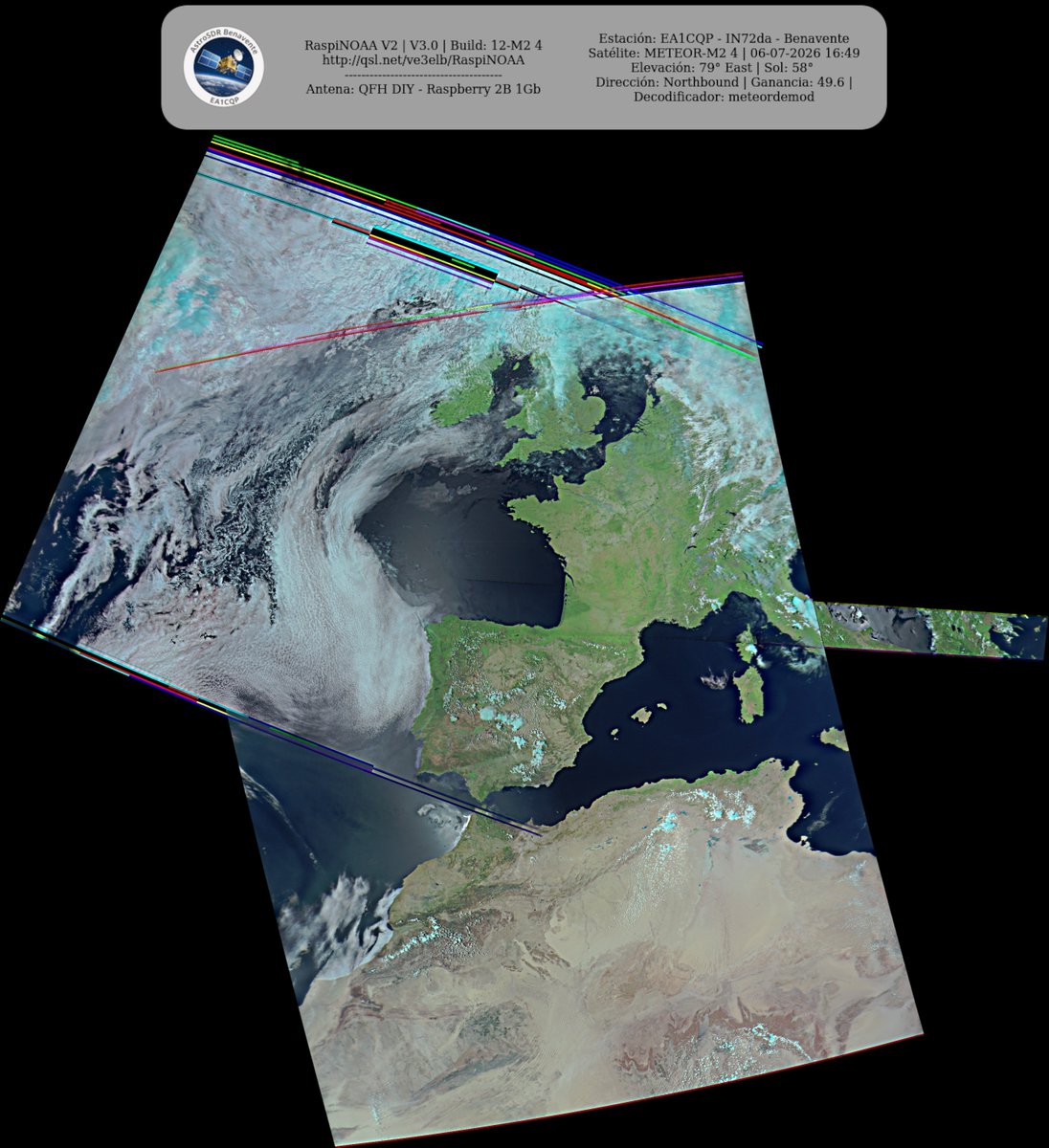 monforra's tweet photo. Ground Station: EA1CQP - IN72da - Benavente METEOR-M2 4 06-07-2026 16:25 CEST  Max Elev: 79° E Sun Elevation: 58° Gain: 49.6 | Northbound

#NOAA #MeteorM2_3 #MeteorM2_4 #weather #weathersats #APT #LRPT #wxtoimg #MeteorDemod #rtlsdr #gpredict #raspberrypi https://t.co/mB3LXAePaM