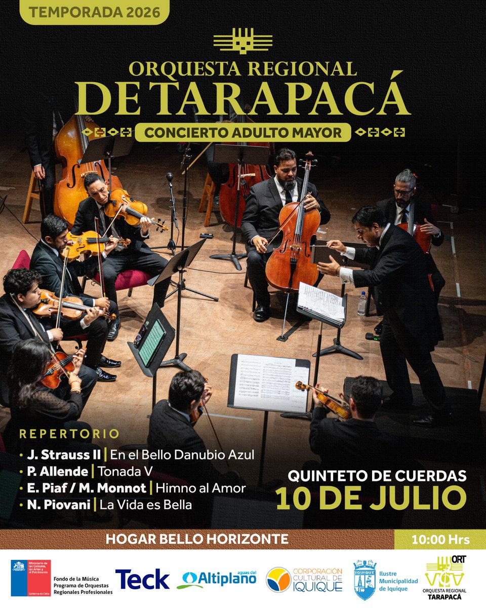 ORTarapaca's tweet photo. 🎻  🎼 Concierto para Adultos Mayores 💓 en  el Hogar BELLO HORIZONTE #Iquique 
10 de julio 10.00 h.
@CulturaTarapaca
@SenamaTarapac 
@TeckChile @aguasaltiplano @CulturaIquique @elsoldeiquique @HombredeNoticia https://t.co/jWLWZAVv0B