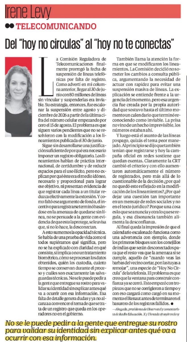 soyirenelevy's tweet photo. 📵"Del hoy no circulas al hoy no te conectas..." mi columna de hoy en @El_Universal_Mx . Aquí te cuento los detalles de la prórroga para registro d tu línea y qué ha fallado desde el regulador @CRTGobMX, el error en las líneas d pospago, la falta d explicación y confianza. 👇https://t.co/giUMZgo4gU