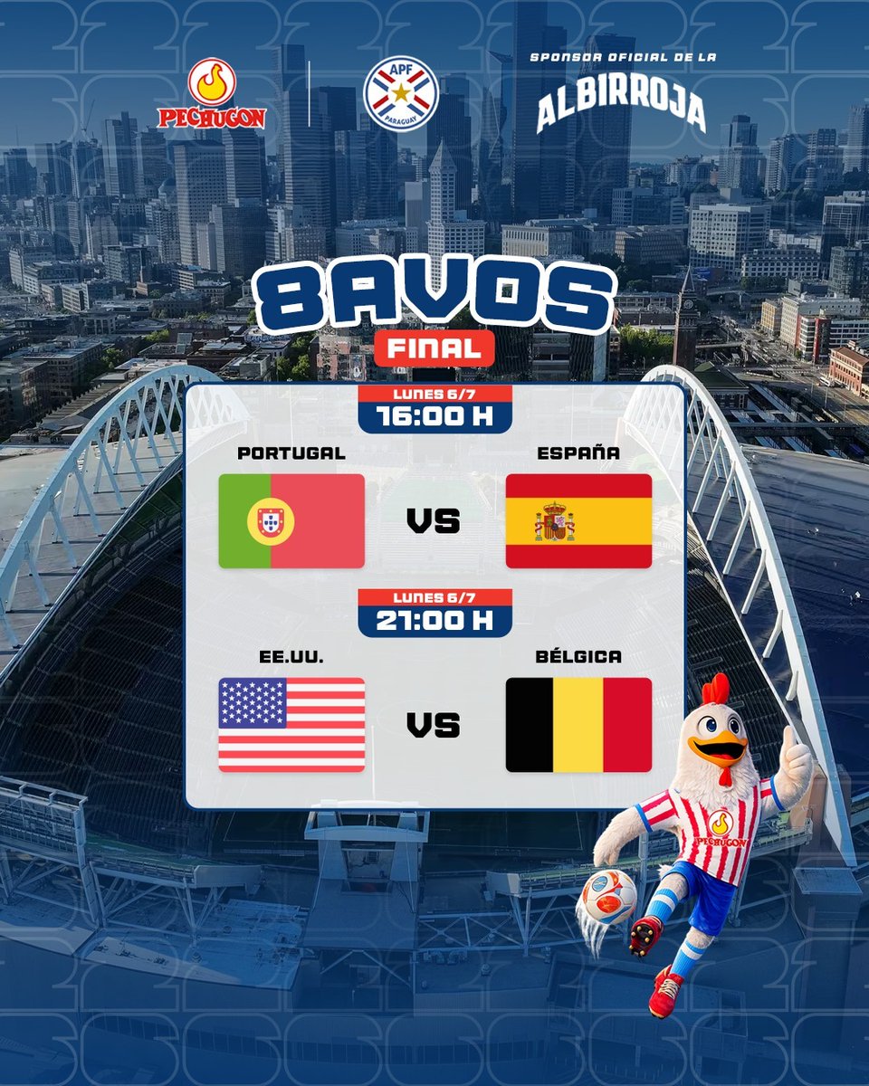 PechugonPy's tweet photo. ⚽ ¡SE COMPLETAN LOS 8VOS DE FINAL! 🌎
Última jornada de octavos y con dos duelazos entre potencias para definir a los últimos clasificados a cuartos. Agendá los horarios 👇

📅 Lunes 6/7

🕓 16:00 hs
🇵🇹 Portugal 🆚 España 🇪🇸

🕘 21:00 hs
🇺🇸 EE.UU. 🆚 Bélgica 🇧🇪

Eliminación directa en su punto más caliente: el que gana se mete entre los 8 mejores del mundo. 🔥

¿Cuál vas a ver? 🐔