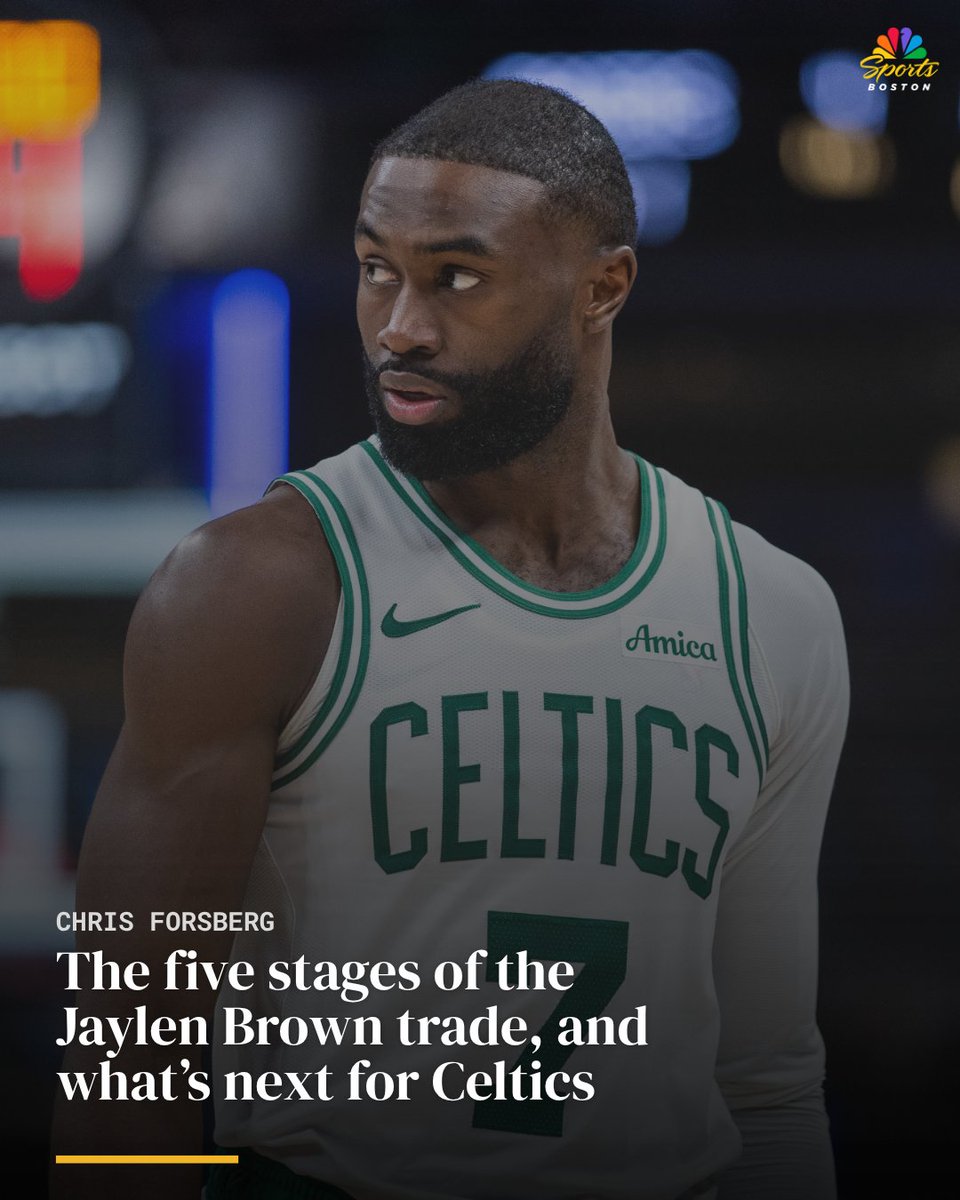 NBCSCeltics's tweet photo. Now that Celtics fans have had time to navigate the five stages of grief following the Jaylen Brown trade, @ChrisForsberg_ reflects on the stunning move and looks ahead to what's next for Boston 🔗 https://t.co/SrNyBvfgFB https://t.co/SGHtsEE7C2