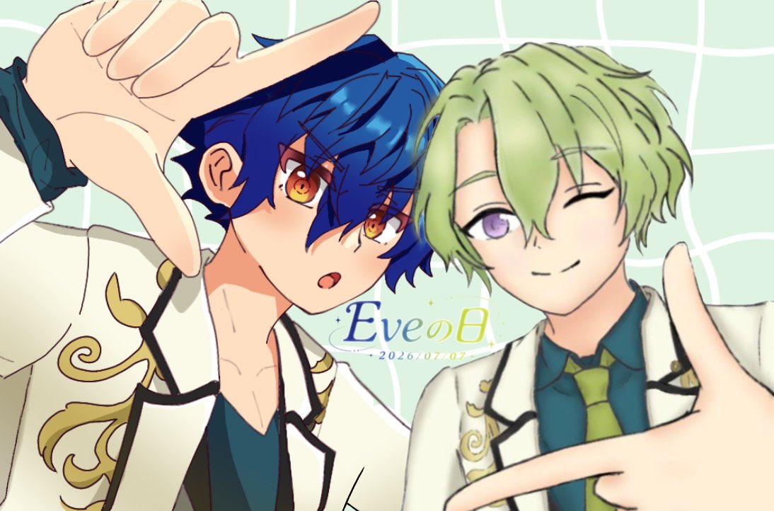 _ri922's tweet photo. まーちとEveの日記念に合作したよー！
めっちゃ可愛く仕上がりました！
来年もEveの日祝えますようにっ！！✨ 

 #7月7日はEveの日  #あんスタイラスト #Eve9周年

日和 @matchan_2810 https://t.co/KAxS01G4ae