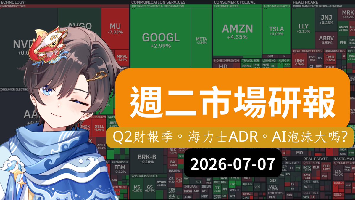VtuberZen's tweet photo. 『直播預告』ZEN週五市場研報#96

7 月 7 日星期二晚 20:30

直播內容：Q2財報季開幕：AI 泡沫警報？狂熱能持續嗎？
有興趣便來跟ZEN談談天吧(´∀`) 
——— 
直播時間：7 月 7 日 (二) 20:30 
待機室：https://t.co/AtRS0WJgxz https://t.co/IFiPv5vskD