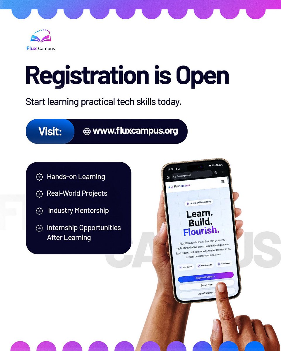FluxCampus's tweet photo. Flux Campus is LIVE!

Registration is now open.

Build real projects, gain practical skills, and kick-start your tech career.

📩 DM us or visit:
💬 https://t.co/6SnFvivN0j
🌐 https://t.co/4wcS7OA0qS

Learn. Build. Grow.

#FluxCampus #LearnByBuilding #TechEducation #TechCareers https://t.co/iowXErbqUj