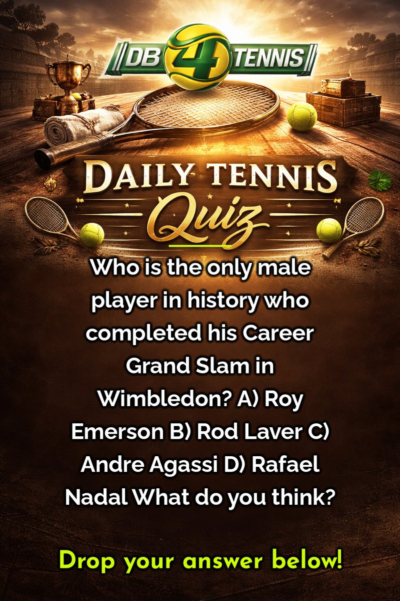 DB4Tennis's tweet photo. 🎾 Tennis Trivia #5

Who is the only male player in history who completed his Career Grand Slam in Wimbledon? 
A) Roy Emerson   B) Rod Laver  C) Andre Agassi  D) Rafael Nadal

💬 What do you think?
#tennis #tennisquiz #Wimbledon https://t.co/DgAOECh0zR