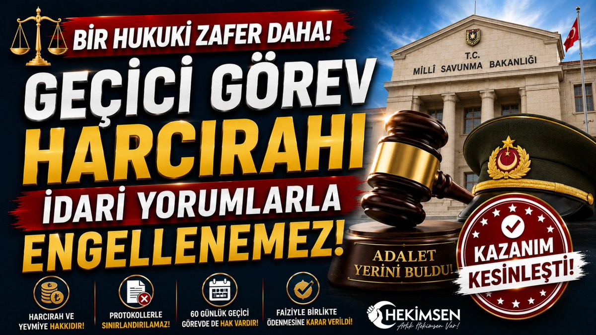 hekimsen's tweet photo. ⚖️ BİR HUKUKİ ZAFER DAHA! GEÇİCİ GÖREV HARCIRAHI İDARİ YORUMLARLA ENGELLENEMEZ!
TSK emrine geçici görevlendirilen üye hekimimizin harcırah ve yevmiye alacağına ilişkin davamızda önemli bir kazanım daha kesinleşti.
İlçe Sağlık Müdürlüğü’nde tabip olarak görev yapan üye hekimimiz, Piyade Tümen Komutanlığı emrine 60 gün süreyle geçici olarak görevlendirilmiş; ancak bu süreye ilişkin harcırah ve yevmiye ödemeleri yapılmamıştır.
Üye hekimimizin yaptığı başvuru idare tarafından reddedilmiştir.
⚖️ Hekimsen Hukuk Birimi olarak bu hukuka aykırı işleme karşı dava açtık.
Mahkemece yapılan değerlendirmede;
✅ Geçici görev nedeniyle memuriyet mahalli dışına gönderilen personele harcırah ve yevmiye ödenmesinin kanuni hak olduğu,
✅ Kanunda tanınan bir hakkın bakanlıklar arası protokol, usul ve esaslarla sınırlandırılamayacağı,
✅ Harcırah ve yevmiye ödemesinin “ilave ödeme” gibi değerlendirilerek ortadan kaldırılamayacağı,
✅ Üye hekimimize ödenmeyen harcırah ve yevmiyelerin yasal faiziyle birlikte ödenmesi gerektiği
açıkça ortaya konulmuştur.
🎯 İlk derece mahkemesi, dava konusu işlemin iptaline ve üye hekimimizin yoksun kaldığı harcırah ile yevmiyelerin başvuru tarihinden itibaren işleyecek yasal faiziyle birlikte ödenmesine karar vermiştir.
İdare bu karara karşı istinaf yoluna başvurmuştur.
Ancak Bölge İdare Mahkemesi;
✅ İlk derece mahkemesi kararını usul ve hukuka uygun bulmuş,
✅ İdarenin istinaf başvurusunu reddetmiş,
✅ Kazanımı kesinleştirmiştir.
📌 Karar kesin niteliktedir.
Bu karar; geçici görevlendirilen hekimlerin harcırah ve yevmiye haklarının idari yorumlarla, protokollerle veya kurumlar arası sorumluluk tartışmalarıyla ortadan kaldırılamayacağını bir kez daha göstermiştir.
📌 Hekimin görevi varsa, hakkı da vardır.
📌 Geçici görevlendirme angarya hâline getirilemez.
📌 Kanuni haklar protokollerle daraltılamaz.
Hekimsen Hukuk Birimi; hekimlerin emeğini, alın terini ve mali haklarını korumak için açtığı davalarda sonuç almaya devam etmektedir.
⚖️ Hekimsen Hukuk Birimi varsa, emek sahipsiz kalmaz; hak yerini bulur!
#Hekimsen #HekimsenHukukBirimi