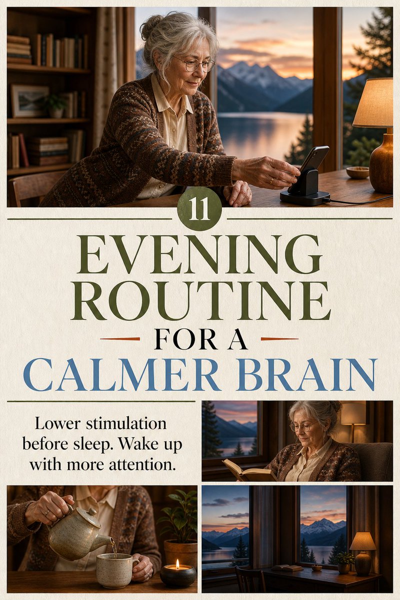 ttkstudio's tweet photo. Evening Routine for a Calmer Brain

Your morning focus starts the night before.
Many people finish the day physically exhausted but mentally overstimulated. They get into bed, open their phone “for a few minutes,” and suddenly another hour disappears.
The problem is not only lost time.
Rapid videos, messages, news, and notifications keep giving the brain new information to process when it should be preparing for rest.
A calmer evening does not require a perfect routine. It requires a clear transition between stimulation and sleep.
Try this:
Choose a digital sunset
Set a time when work, social media, and unnecessary notifications stop for the day.
Give your phone a permanent nighttime home
Charge it outside the bedroom or somewhere you cannot reach from bed.

Lower the lights
Dimmer, warmer lighting helps create a visible signal that the active part of the day is ending.
Replace scrolling with a slower activity
Read a physical book, stretch, prepare tea, write tomorrow’s priorities, or have a conversation.

Close open mental loops
Write down unfinished tasks instead of mentally rehearsing them in bed.
Keep the routine simple
A routine that takes 20 minutes and happens consistently is more useful than an elaborate ritual you rarely follow.

The goal is not to make every evening perfectly productive.
The goal is to stop carrying the speed and noise of the internet directly into sleep.

Lower the stimulation before bed. Give your mind time to settle. Wake up with more attention available for the life in front of you.
Build a complete brain-reset routine:

https://t.co/O6tdvbXMfQ
#EveningRoutine #BetterSleep #DigitalWellness #BrainReset