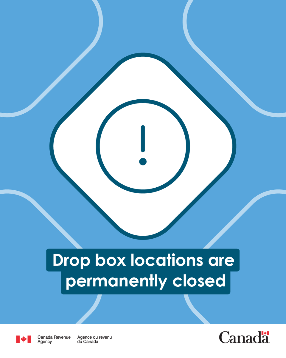 CanRevAgency's tweet photo. ‼️ Reminder: CRA drop boxes are permanently closed as of May 29th.
Good news, there are still simple and easy ways to submit returns, payments, and documents ⤵️
Doing your taxes: https://t.co/a7dfP5aAjT
Making a payment: https://t.co/Sewa6ocCgE #CdnTax https://t.co/f3qcqhQFKX
