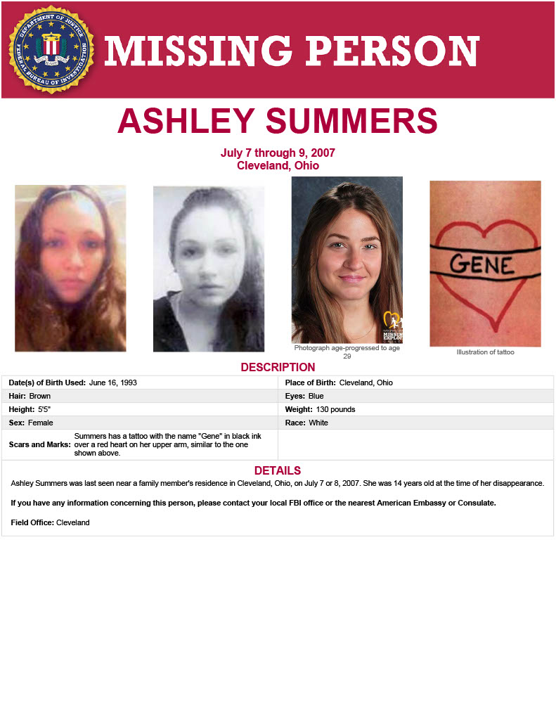 FBI's tweet photo. Ashley Summers, then age 14, was last seen near a family member's residence in Cleveland, Ohio, on July 7 or 8, 2007. She has a tattoo with the name "Gene" in black ink over a red heart on her upper right arm. Help the #FBI find her: https://t.co/bLxmj4wSoX https://t.co/qqnFgh6gpR