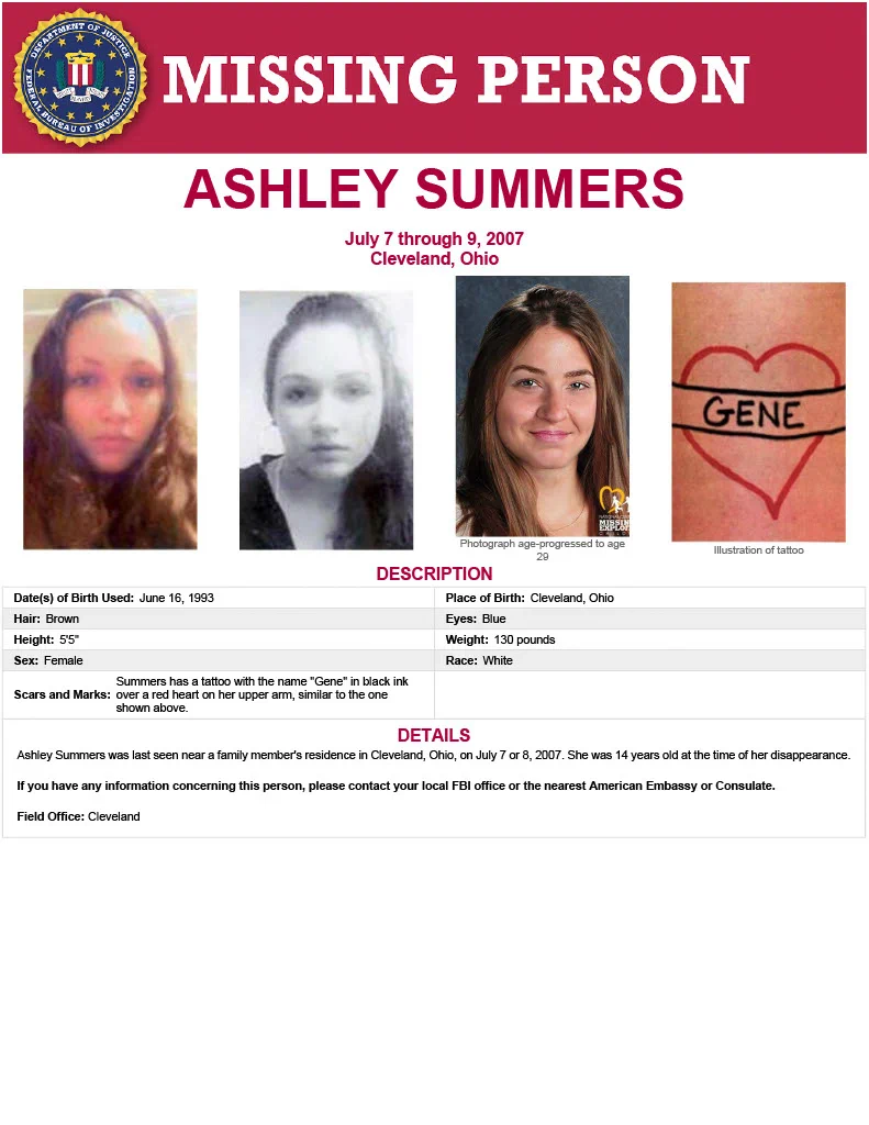 Missing person poster for Ashley Summers, last seen in Cleveland, Ohio, July 7-9, 2007, with photos and tattoo illustration.