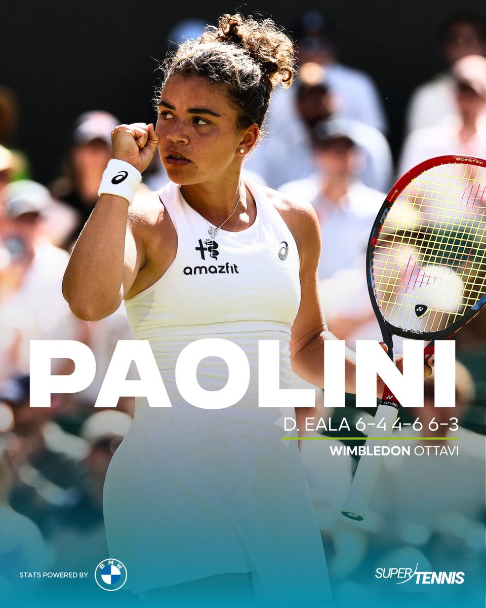 SuperTennisTv's tweet photo. JAS IS BACK 👊

Dopo Cobolli, anche Paolini continua a farsi strada a Wimbledon e torna ai quarti di finale sui campi dell’All-England per la seconda volta in carriera, la prima dalla storica finale del 2024 👏

🔜 Marta Kostyuk

#Wimbledon | @BMWItalia https://t.co/OcHYmMnmuO