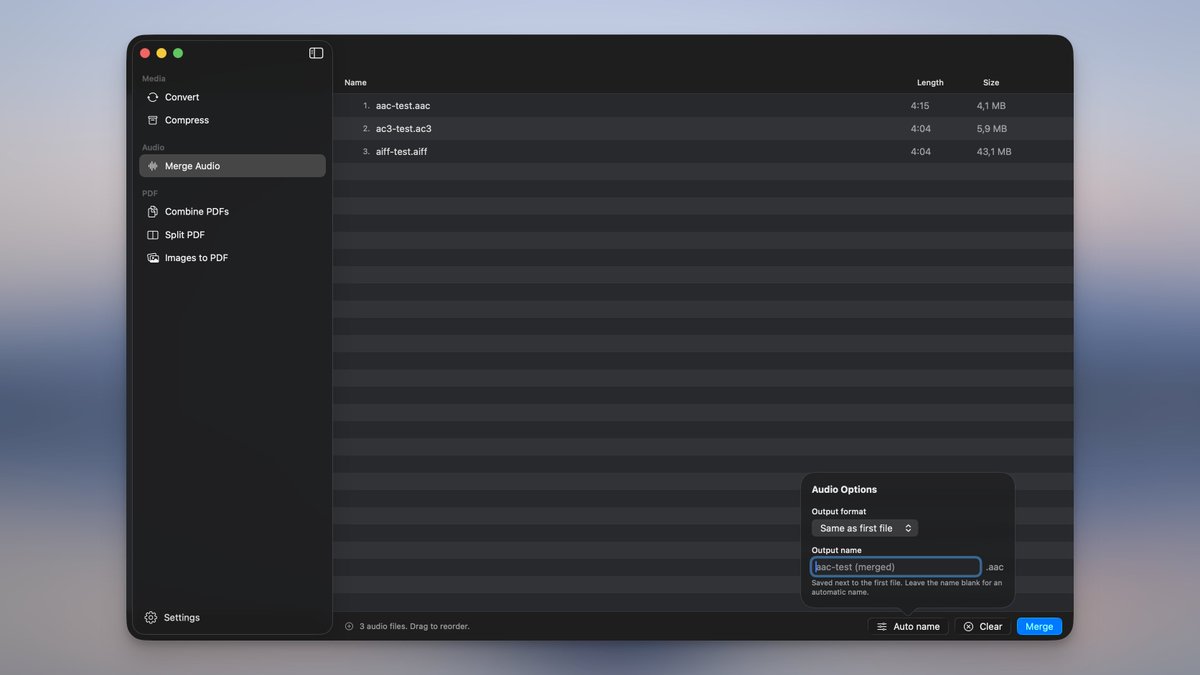 picmalapp's tweet photo. Picmal can also merge audio files 🎶

Drop them in, arrange the order, done. https://t.co/V6M0a5CYHv
