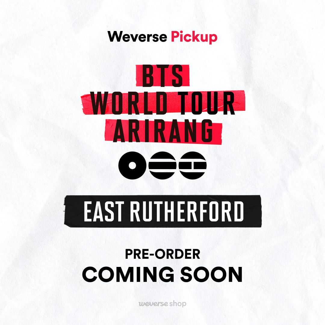 weverseshop's tweet photo. 📢 BTS WORLD TOUR 'ARIRANG' IN EAST RUTHERFORD
Weverse Shop Pickup Pre-order Coming Soon 

📍 What is Weverse Shop Pickup? 
- Purchase online in advance and pick up your order at the Weverse pickup location! 
- Save on shipping and pick up your order conveniently during your selected time slot! 

💜 Coming Soon 💜 
The pre-order for on-site pickup products for EAST RUTHERFORD will begin tomorrow, Tuesday, July 7, at 11:00 AM (EDT)!   
👉 Go to the Weverse US Shop for more details on the available on-site pickup products and all the pickup details. 

👉Notice: https://t.co/cugWT2Q7Hv
🛒Preview : https://t.co/gc9NJH7qis
🗓️ Pre-order period : Tue, July 7, 11:00 AM – Wed, July 29, 12:00 AM (EDT) 

#BTS (@bts_bighit) 
#BTS_ARIRANG 
#Weverse #WeverseShop #WeverseShop_Pickup