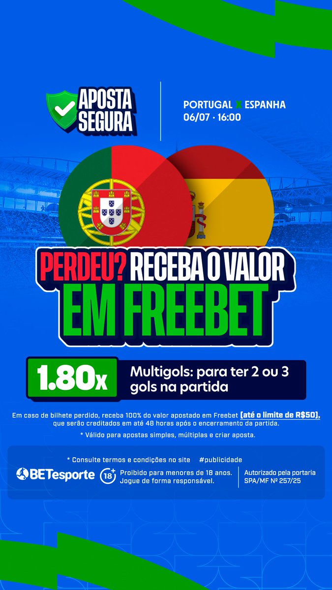 betesporte's tweet photo. A Copa acabou para o Brasil 😢
Mas ainda tem bola rolando com grandes craques e jogaços. Daqui a pouco tem Portugal x Espanha, e tem Freebet para sair 2 ou 3 gols no jogo, e para o Cristiano Ronaldo marcar o primeiro gol da partida. https://t.co/QAwNxE5nDF