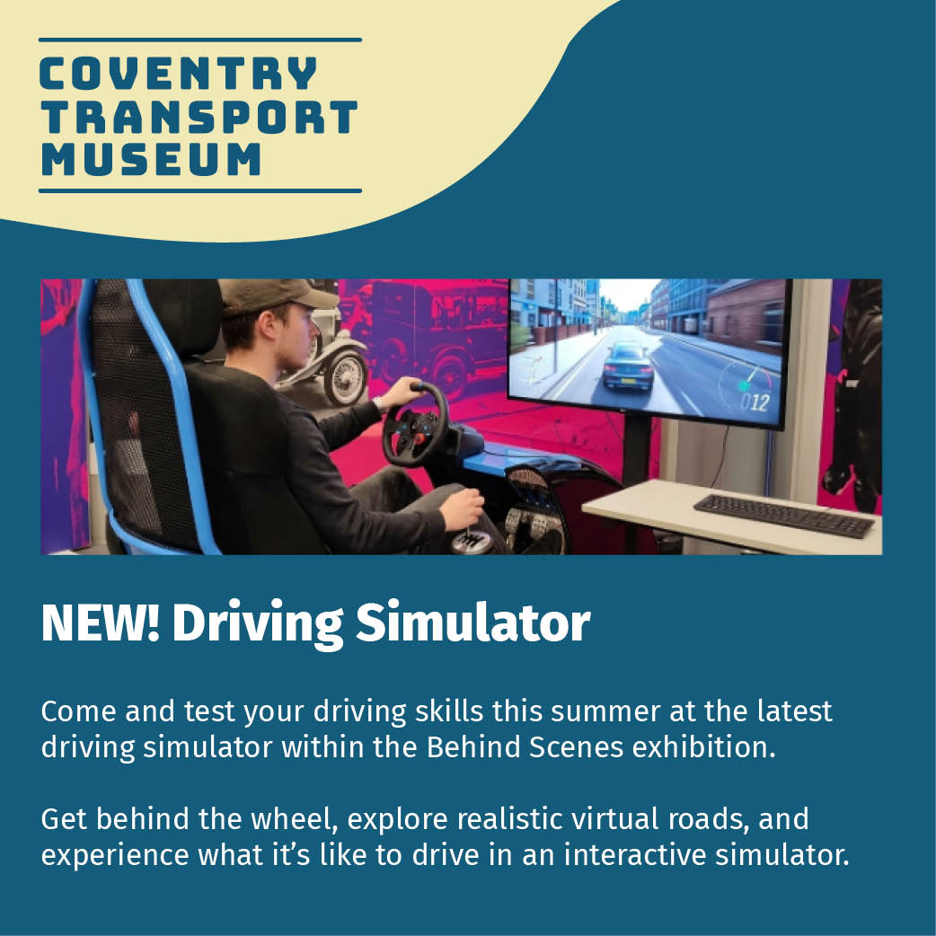 CovTM's tweet photo. NEW! Driving Simulator 🚗💨 Experience what it's like to drive in our interactive simulator

🧒 For ages 15+
🎟️ Included in your Museum ticket
📆 Currently available on: 7, 10, 14 &amp; 17 July

Thank you to @covcampus, @bruneluni and Brunel Music &amp; Driving for making it happen! https://t.co/s8mCtosVce
