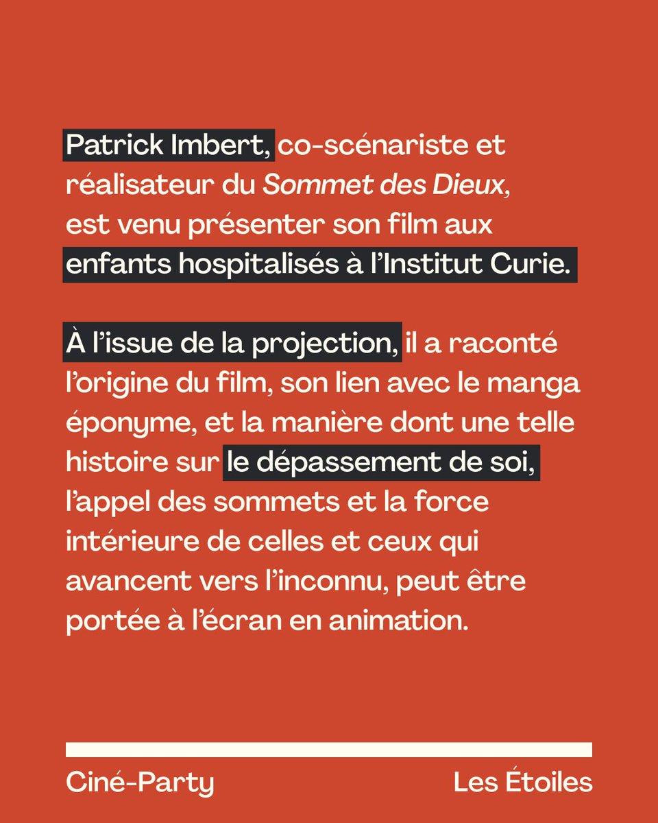 L_ARP's tweet photo. [Les Étoiles × Les Cinéastes de L’ARP]  

✨L'association Les Étoiles permet à des enfants touchés par le cancer de découvrir le 7e art lors de rencontres et de projections.  

📽️Pour cette deuxième Ciné-Party, le film "Le Sommet des Dieux" de Patrick Imbert, a été projeté ! https://t.co/jIanQKLAfm