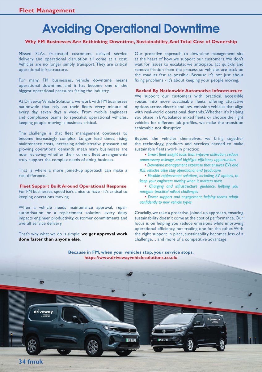 FMUKmagazine1's tweet photo. Latest Issue 📰: For FM businesses, speed is #critical to keeping #operations moving. Driveway Vehicle Solutions work with clients nationwide that rely on their #fleets every minute of every day, seven days a week.

➡️https://t.co/zJln9uINk0
#facman #FacilitiesManagement #support https://t.co/OKVfDBhizB