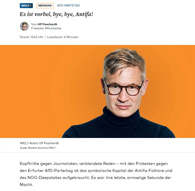 terran_liberty's tweet photo. Erfurt war kein Ausrutscher, sondern ein Entlarvungsmoment. Antifa-Folklore, NGO-Moral und subventionierter Widerstand haben ihr eigenes Bild zerstört. @ulfposh zieht daraus die brutale Bilanz.

➡ Die Bilder werden bleiben: Journalisten am Boden, gejagt von einer linksradikalen Meute, Tritte gegen den Kopf – und danach eine Pressekonferenz, auf der „Widersetzen“ seine Aktionen rechtfertigt.

➡ Für Poschardt sind das Bilder des Abschieds: Die kulturelle Hegemonie eines nach links gekippten Shitbürgertums geht zu Ende. Die Antifa habe sich nach Jahrzehnten der Verklärung selbst zur Freakshow gemacht.

➡ Der Machtanspruch zeigte sich, als ein Apollo-News-Reporter von Fragen ausgeschlossen werden sollte, ebenso wie Bild und WELT. Dass Henry Bernhard und Julia Ruhs widersprachen, ließ diese symbolische Macht sichtbar zerbröseln.

➡ Nicht die Antifa sei heute Widerstand, sondern der junge Mann von Apollo. Die großbürgerliche Pappschilder-Rebellion mit A15-Beamten-Look spiele nur noch Macht, die sie real nicht mehr besitzt.

➡ Das Muster sei dasselbe wie bei Klimaprotesten, Demos „gegen Rechts“ und Corona-Kritikern: Ein NGO-Rebellensystem wurde jahrelang verhätschelt, mit Steuergeld gestützt und von Politik und EU-Spitze moralisch bestätigt.

➡ Poschardts Kernvorwurf: Diese Szene inszeniert Widerstand, obwohl sie von herrschenden Verhältnissen geschützt, finanziert und gefeiert wird. Auch das Zentrum für politische Schönheit verliere durch Denkfaulheit und Scheitern sein Geschäftsmodell.

➡ Schändlich sei das Schweigen von Journalistenverbänden, großen Medien und Meinungsführern, wenn junge konservative Kollegen von einem linken Mob gejagt werden. Union und FDP müssten NGOs, die dieses Milieu stützen, konsequent prüfen und die Finanzierung beenden.

➡ Für Poschardt waren Demos gegen rechts, Correctiv, das „Geheimtreffen“ und die Sylt-Erregung die Vorbereitung für Erfurt. Jetzt sei das symbolische Kapital der Antifa-Folklore und ihres NGO-Deepstates aufgebraucht.

☑️ Wer Journalisten jagt, Fragen verhindern will und sich als Demokratieverteidiger inszeniert, schützt keine Freiheit. Er zeigt nur, dass diese alte Antifa-Schauererzählung nicht mehr trägt.