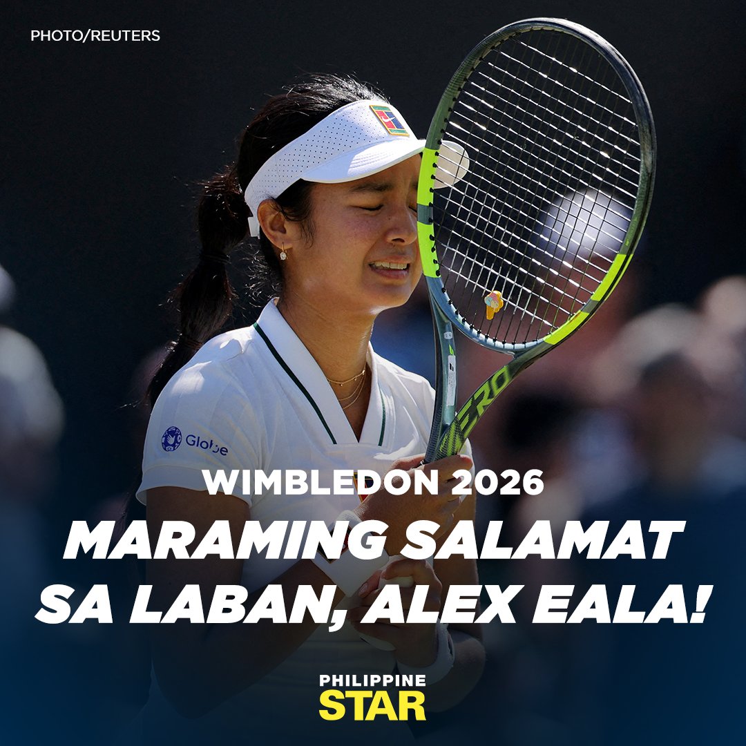 PhilippineStar's tweet photo. MABUHAY KA, ALEX EALA! 🇵🇭

JUST IN: Alex Eala's magical run ends at the hands of Olympic doubles gold medalist Jasmine Paolini of Italy, 4-6, 6-4, 3-6, in the Wimbledon Round of 16.   

Eala still had a commendable run, becoming the first Filipino in history to reach the Round of 16 of any Grand Slam ever. | via @bryanulanday
