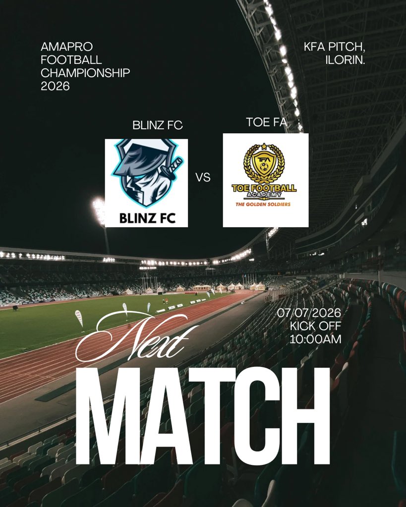 toe_academy's tweet photo. MATCHDAY. 💛⚽

Another opportunity. Another battle. Another chance to represent the badge with pride.

🆚 Blinz FC
🏆 AMAPRO Football Championship 2026
📍 KFA Pitch, Ilorin
⏰ 10:00 AM

The Golden Soldiers are ready. It’s time to fight for every ball, every moment. https://t.co/z4rvZyBcXY