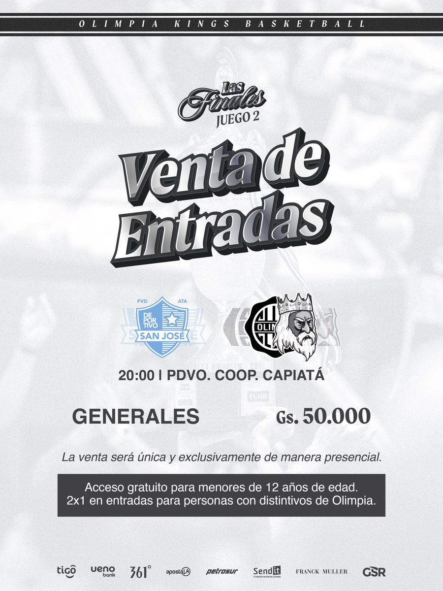 OlimpiaKings's tweet photo. 🔥 Día de 𝐊𝐈𝐍𝐆𝐒 en Las Finales de la LNB 2026.

Te necesitamos en el Polideportivo de la Cooperativa Capiatá.

¡Hacete presente, adquirí tu entrada y saquemos esto adelante!

🤍🖤🤍 https://t.co/JfbxywnRBl