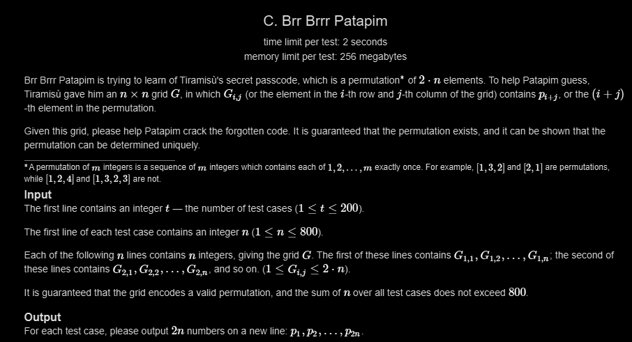 Siddhesh_2110's tweet photo. Day 216 🚀
✅ LC POTD
✅ GFG POTD
✅ CF 1x Problem
CF Insight (Brr Brrr Patapim):
The first permutation element is the only number missing from the first row.
Once found, reconstruct the remaining permutation directly from the grid.
#Day216 #DSA #Codeforces #LeetCode https://t.co/sSkWgPqQnD