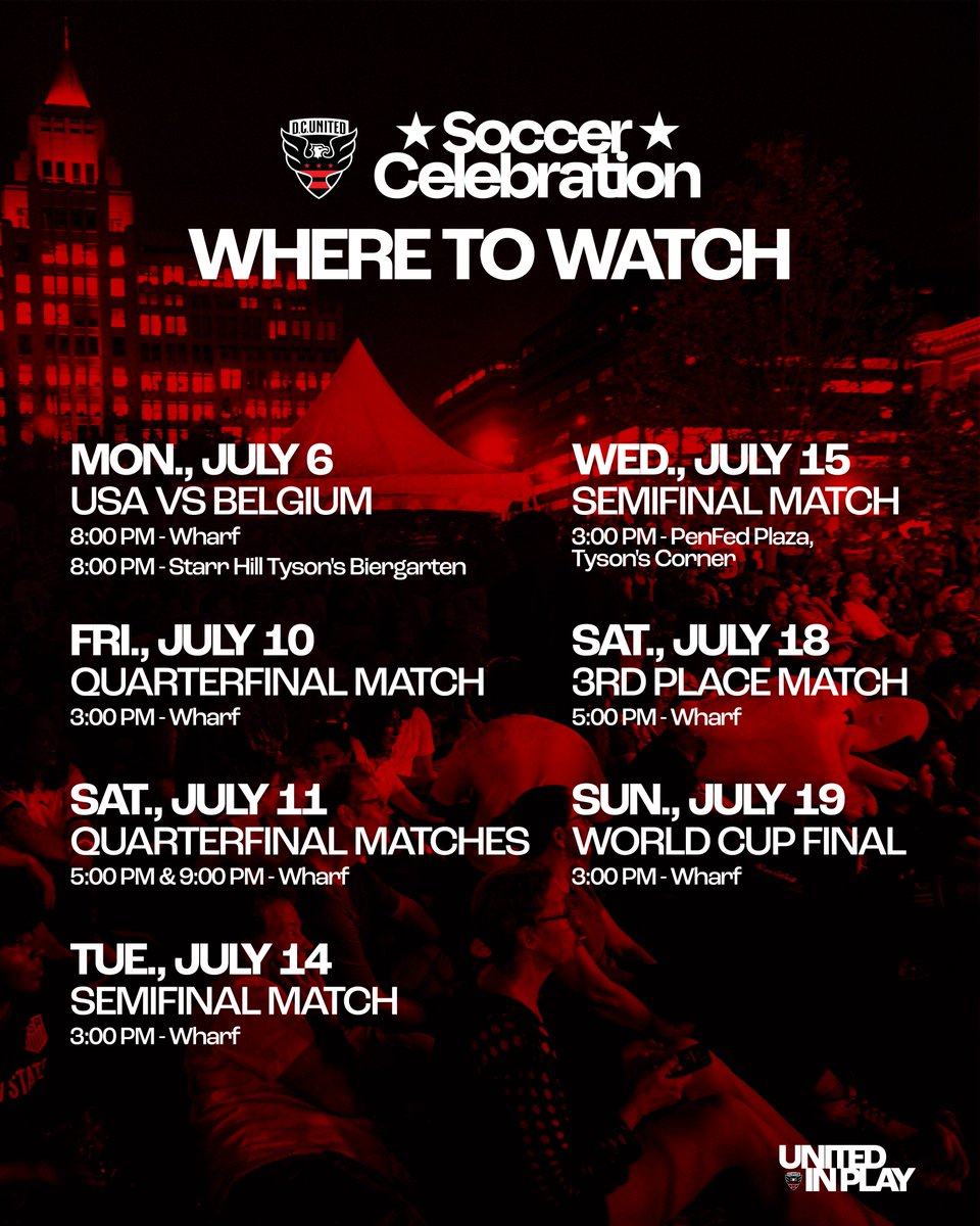 dcunited's tweet photo. Soccer Celebration isn’t over! Find us at these select watch parties across the DMV for all the remaining World Cup action ⚽️

Learn more here: https://t.co/ugVeLkoz0Y https://t.co/BKZkawcquQ