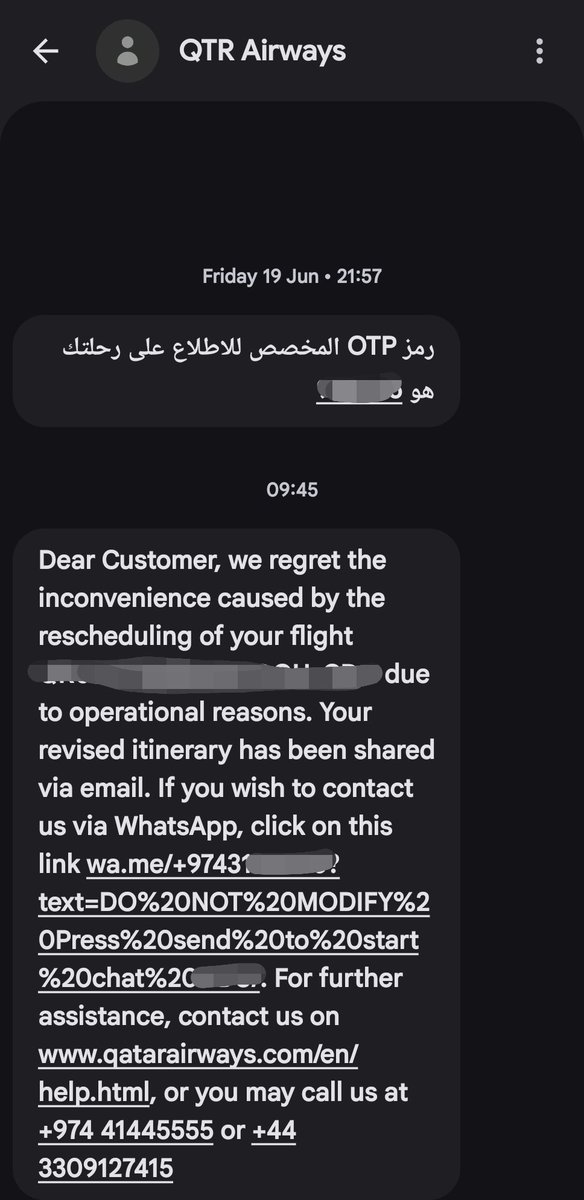Bk793891's tweet photo. مع التحية للخطوط القطرية
هذه أول تجربة لي معكم وتخيل ماذا حدث معي
قبل موعد الرحلة ب 18 ساعة تصلني رسالة SMS تفيد بإعادة جدولة الرحلة الى موعد آخر (تأجيل) وهي رحلة ترانزيت الى أوروبا المؤسف اصبحت مدة الترانزيت 50 دقيقة بين الرحلتين!! وتخيل أن معي أطفال @qatarairwaysar @qrsupport https://t.co/entFQJPKIk