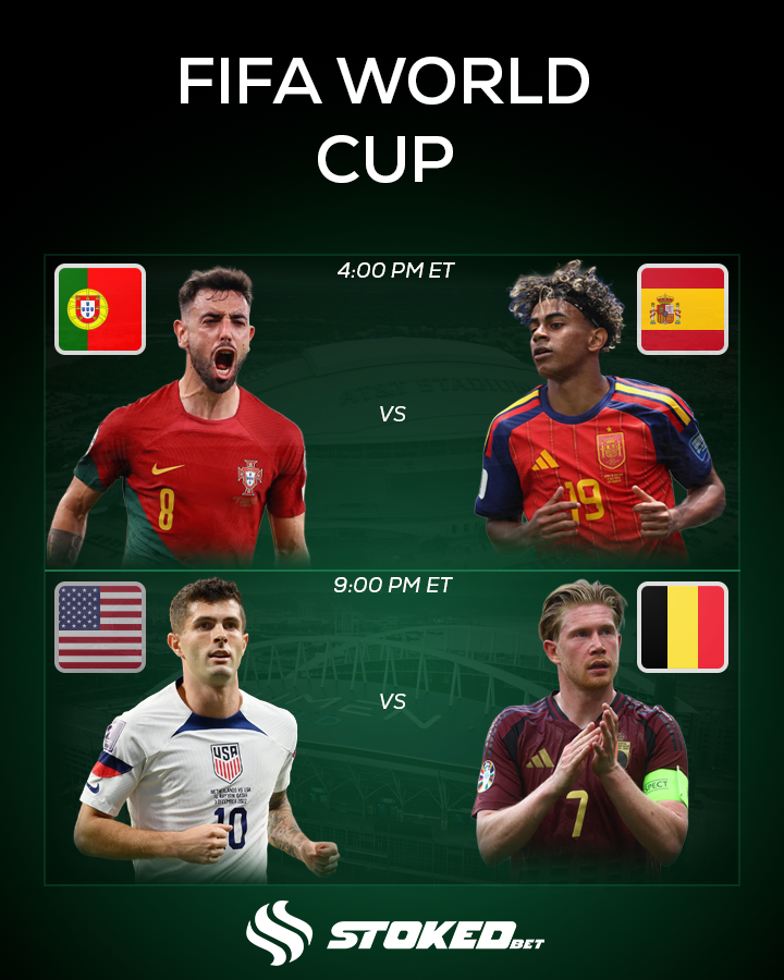 StokedBet's tweet photo. 🟢World Cup🟢

Round of 16 slate today: 

Spain (-105) opens as the favorite over Portugal (+320), while USA (+140) vs. Belgium (+195) is basically priced as a coin flip. 

Knockout football is officially here. ⚽️🌎 

Who you guys got winning?
#WorldCup2026 https://t.co/iV40edjYsN