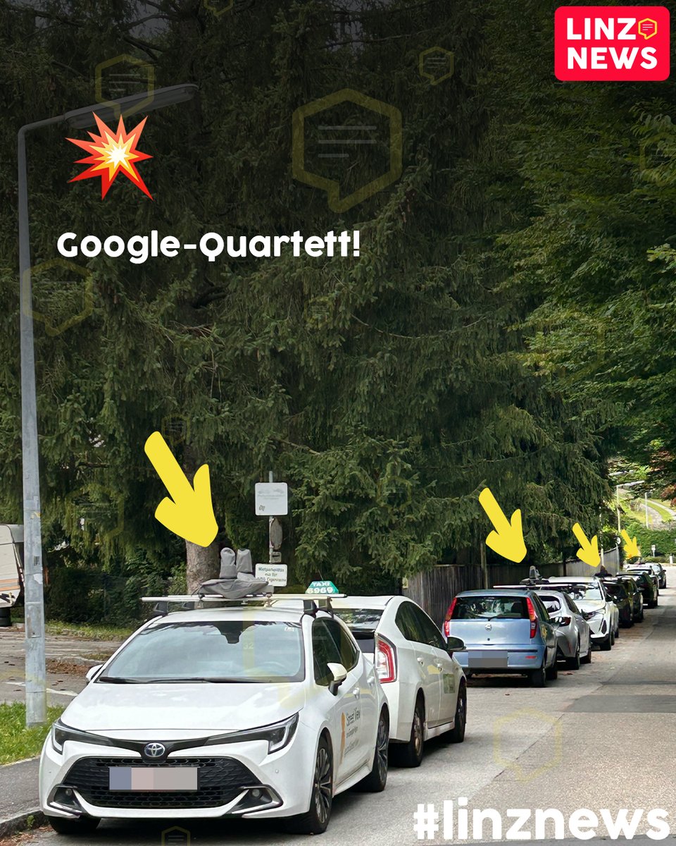 linzdotnews's tweet photo. 📷 Straßenansicht: Google-Quartett!
🚗 Vier auf einen Streich.
📍 Im Norden der Stadt stehen sie fast Stoßstange an Stoßstange.
👀 Welches Auto fehlt dir noch in deiner Sammlung?
#Quartett #gesichtet #omg https://t.co/Vwt74laMWq