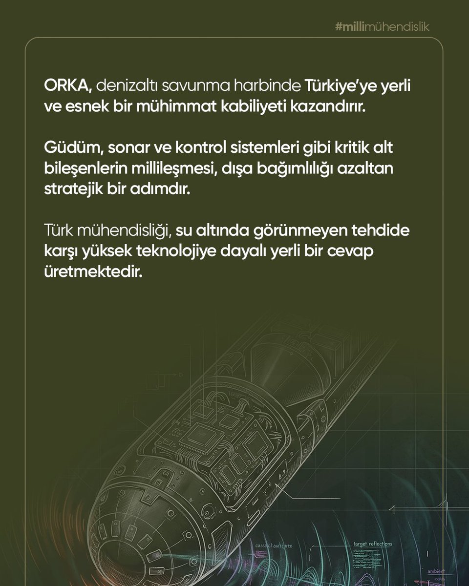 millimudafaa_tr's tweet photo. ORKA, Türkiye’nin sualtı harp kabiliyetinde yalnızca yeni bir mühimmat geliştirmediğini; akıllı güdüm, kompakt tasarım ve deniz platformlarına uyumlu hafif torpido mimarisi gibi kritik alanlarda ulaştığı mühendislik seviyesini gösteren stratejik bir sistemdir. 

Bu mühimmatın önemi, sadece hedefi vurma kabiliyetinde değil; deniz karakol uçakları, helikopterler ve diğer platformlar için esnek ve etkili bir angajman seçeneği sunmasında yatıyor. Türk mühendisliği burada yalnızca bir torpido değil, sualtı savaşında yerli ve modern bir çözüm ortaya koyuyor.

Yasal Bilgilendirme

Bu içerik, resmî açıklamalar ve açık kaynak savunma analizleri temel alınarak hazırlanmıştır. Kamuya açıklanmayan teknik detaylara ilişkin değerlendirmeler, açık kaynak yorumlarına dayanmaktadır.

#millimüdafaa #savunmasanayii #türkmühendisliği #yerlimilli #orka #torpido