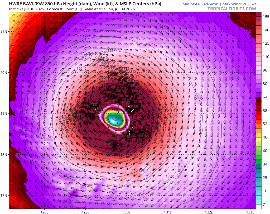 AndyHazelton's tweet photo. Looks like Typhoon #Bavi broke the HWRF model. Don't think we'll be seeing:
1) Sub-830 hPa pressure
2) 267-knot winds at 850 hPa
3) 89F surface temperature in the eyewall

It looks like a similar instability to #Mangkhut a few years back, though so far the model hasn't crashed. https://t.co/I7eZFwdPxv