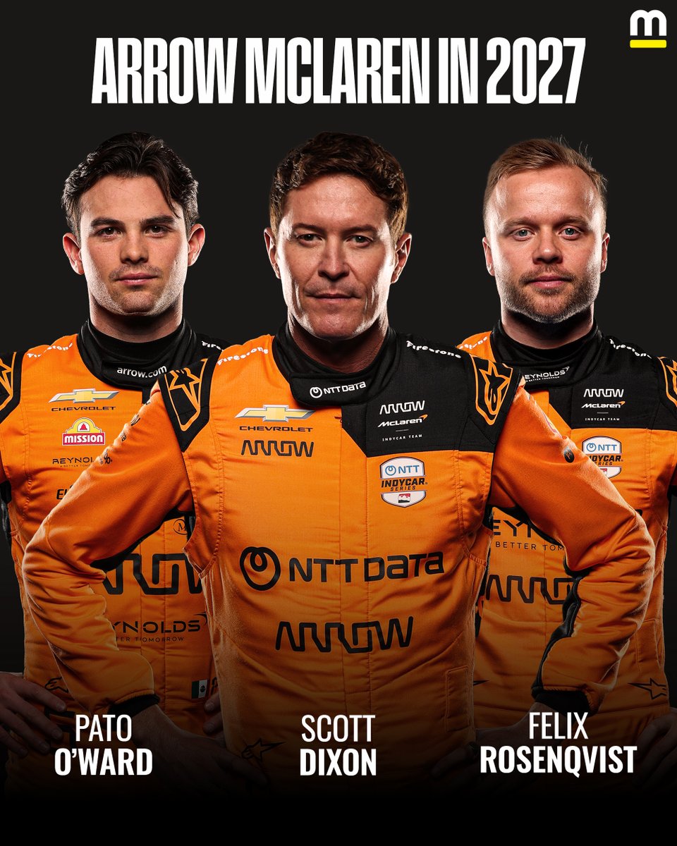 Motorsport's tweet photo. Arrow McLaren's 2027 INDYCAR full-time lineup is STACKED.💥

Scott Dixon and Felix Rosenqvist are joining Pato O'Ward in papaya. https://t.co/Hn0nF7nt7k