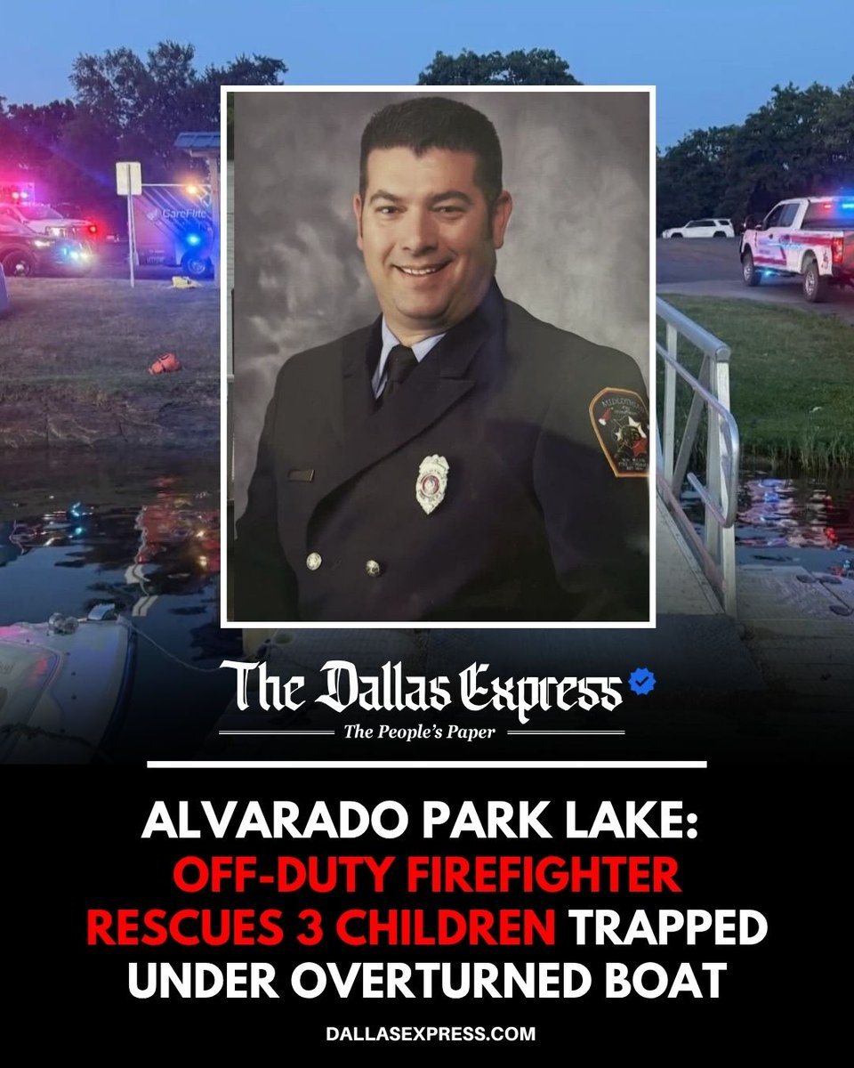DallasExpress's tweet photo. OFF-DUTY FIREFIGHTER SAVES THREE CHILDREN AFTER BOAT OVERTURNS ON NORTH TEXAS LAKE

Midlothian firefighter Jason Horne dove under the capsized vessel at Alvarado Park Lake, pulling the children to safety and performing CPR before first responders arrived.

https://t.co/t0v5A6KXIo https://t.co/YFXZZ12ILp