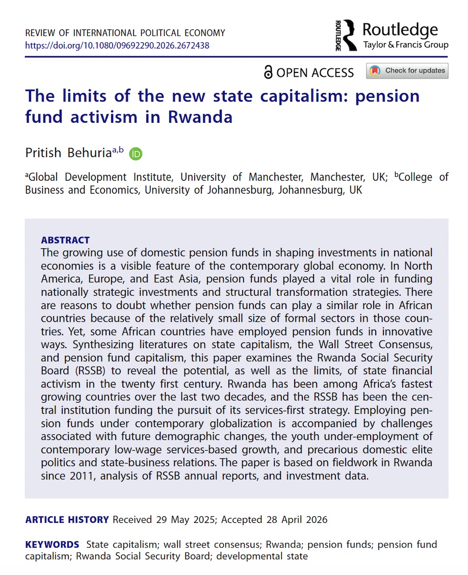 pritishbehuria's tweet photo. Some time ago, my new paper was published in one of my favourite journals, @RIPEJournal . The paper is entitled, 'The limits of the new #statecapitalism: #Pensionfund Activism in #Rwanda'. Available open access via this link: https://t.co/SlMPFjeS8H https://t.co/S2395Tftuv