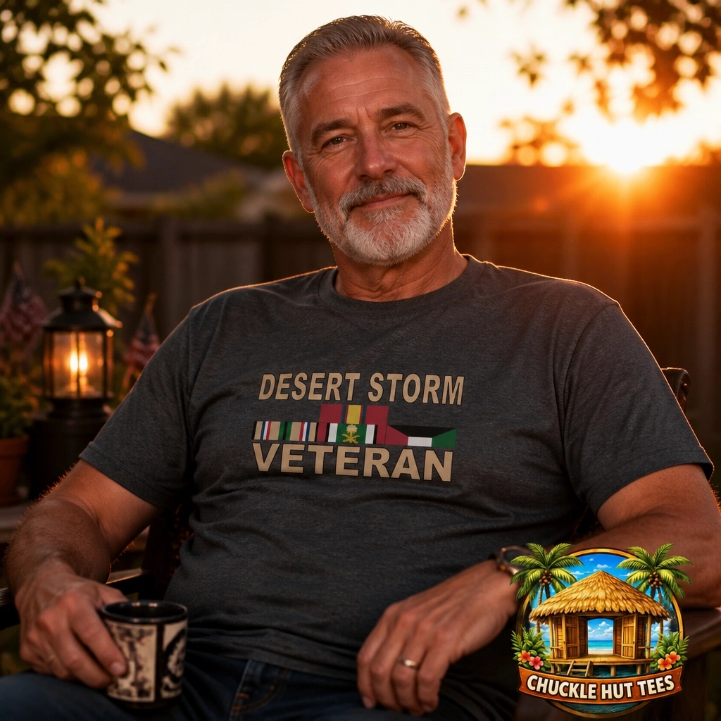 ChuckleTees's tweet photo. Sand, sun, and "hurry up and wait." To the Desert Storm crew: we salute you. Chris (our CEO &amp; former Combat Medic) made sure this tee hits right. Made-to-order with free USA shipping. Use CHUCKLEHUT15 for 15% off!

#DesertStorm #Veteran #ChuckleHutTees #MilitaryPride https://t.co/VWJB3XHb3W