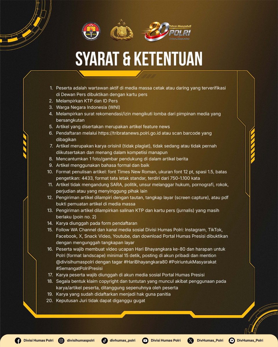 Resjakbar's tweet photo. Dalam rangka memperingati 80 tahun pengabdiannya, Polri mengajak para wartawan aktif di seluruh Indonesia untuk merangkai kata dan fakta dalam Lomba Artikel Jurnalistik. https://t.co/VOCABSR7jp