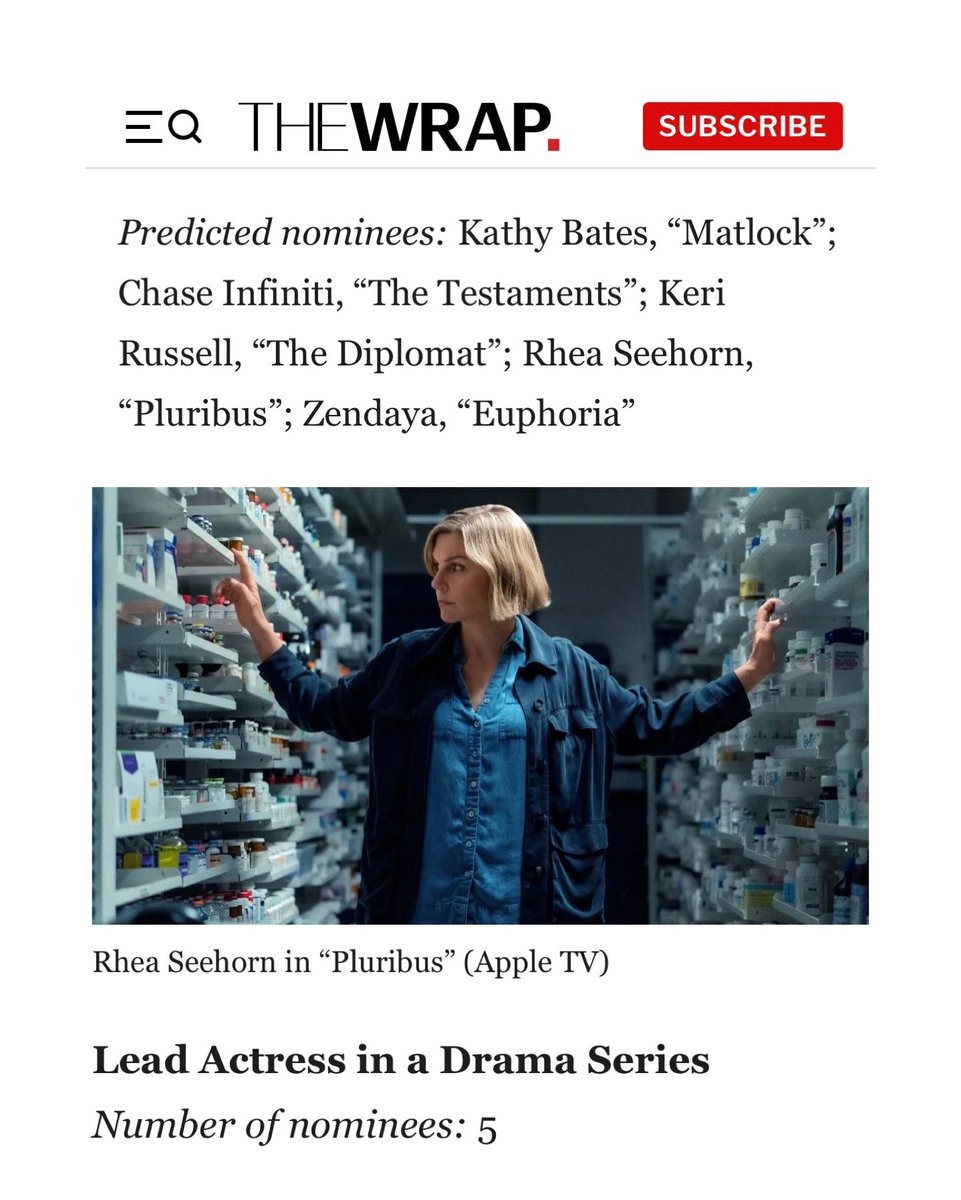 rheangelseehorn's tweet photo. Another one! TheWrap predicts that Rhea Seehorn is a sure bet for an Emmy nomination on Wednesday for her performance on 'Pluribus'. https://t.co/xxfMXMm1Ac