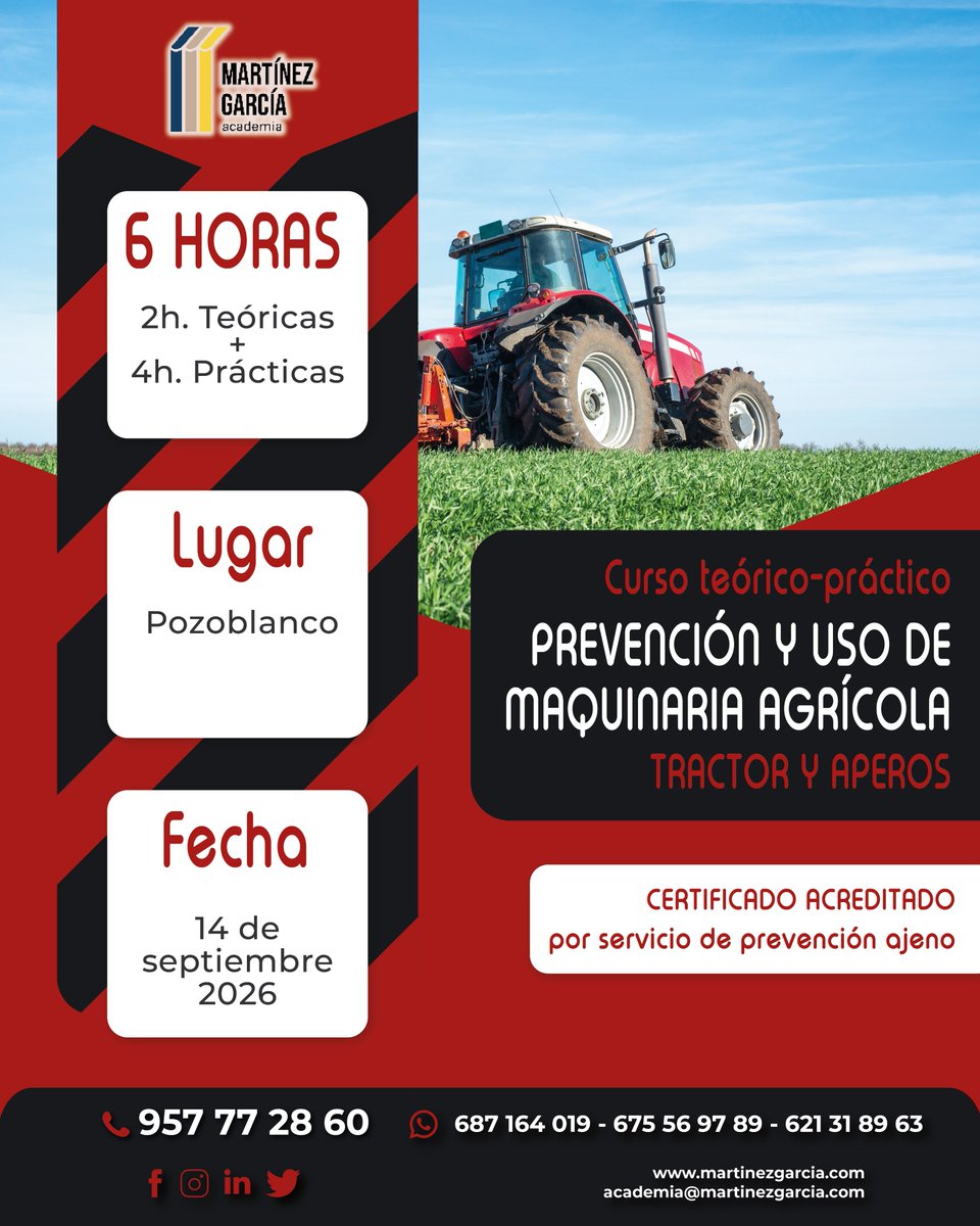AcademiaMG's tweet photo. 🚜 Nuevo Curso Teórico Práctico de Prevención y uso de Maquinaria Agrícola (tractor y aperos).

🗓 14 de septiembre
📍 Pozoblanco.
⏰ 6 horas (2 h. Teóricas + 4 h. Prácticas).

🎖 Certificado acreditado por servicio de prevención ajeno.

☎️ 957 772 860
🖱 https://t.co/eKPgL5cDlR https://t.co/uGtt4bs9S9
