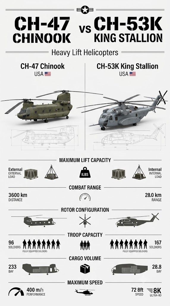 stat_strike's tweet photo. CH-47 Chinook vs CH-53K Heavy Lift Helicopters Comparison

Compare the CH-47 Chinook and CH-53K King Stallion in a detailed heavy lift helicopter comparison. Explore lift capacity, range, rotor configuration, troop capacity, cargo volume, payload, military transport helicopters, tactical airlift, and military aviation technology.

#CH47Chinook #CH53K #HeavyLiftHelicopter #MilitaryAviation #MilitaryTechnology