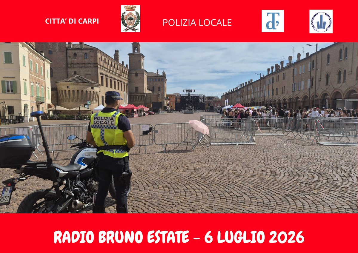 PMTerredargine's tweet photo. #PMTerredargine #PLTerredargine #PLEstate #RadioBrunoEstate2026 La Polizia Locale dell'Unione Terre d'Argine in servizio 👮 da oggi pomeriggio fino a notte inoltrata per il Concerto 🪗 🎶 Radio Bruno Estate 2026 in Piazza Martiri a Carpi https://t.co/0pYvdAfdys