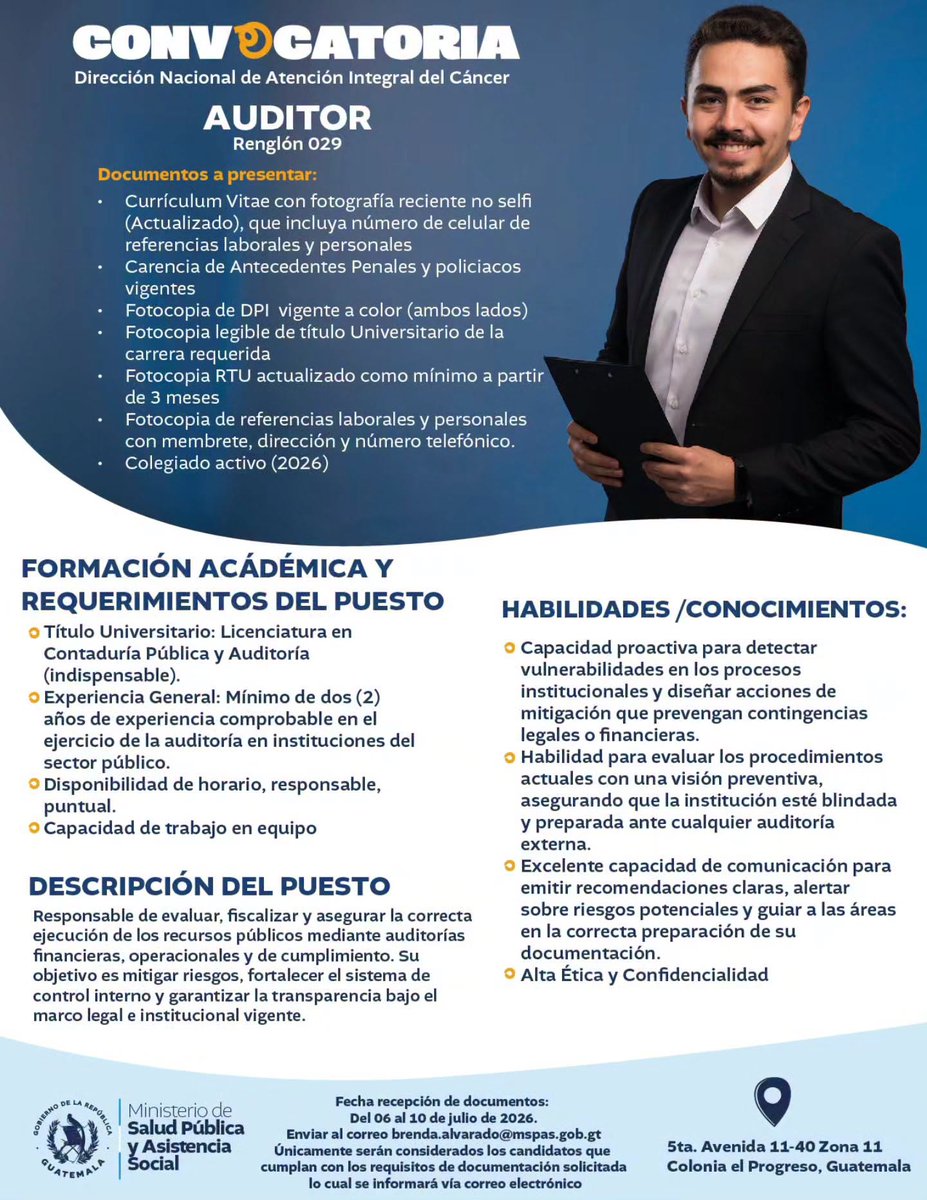 MinSaludGuate's tweet photo. 📢 Convocatoria laboral | Dirección Nacional de Atención Integral del Cáncer

El Ministerio de Salud Pública y Asistencia Social informa sobre la convocatoria para los puestos de Auditor y Planificador Estratégico bajo renglón 029. 

Las personas que cumplan con el perfil requerido podrán presentar su documentación del 6 al 10 de julio de 2026, conforme a los requisitos establecidos en la convocatoria.