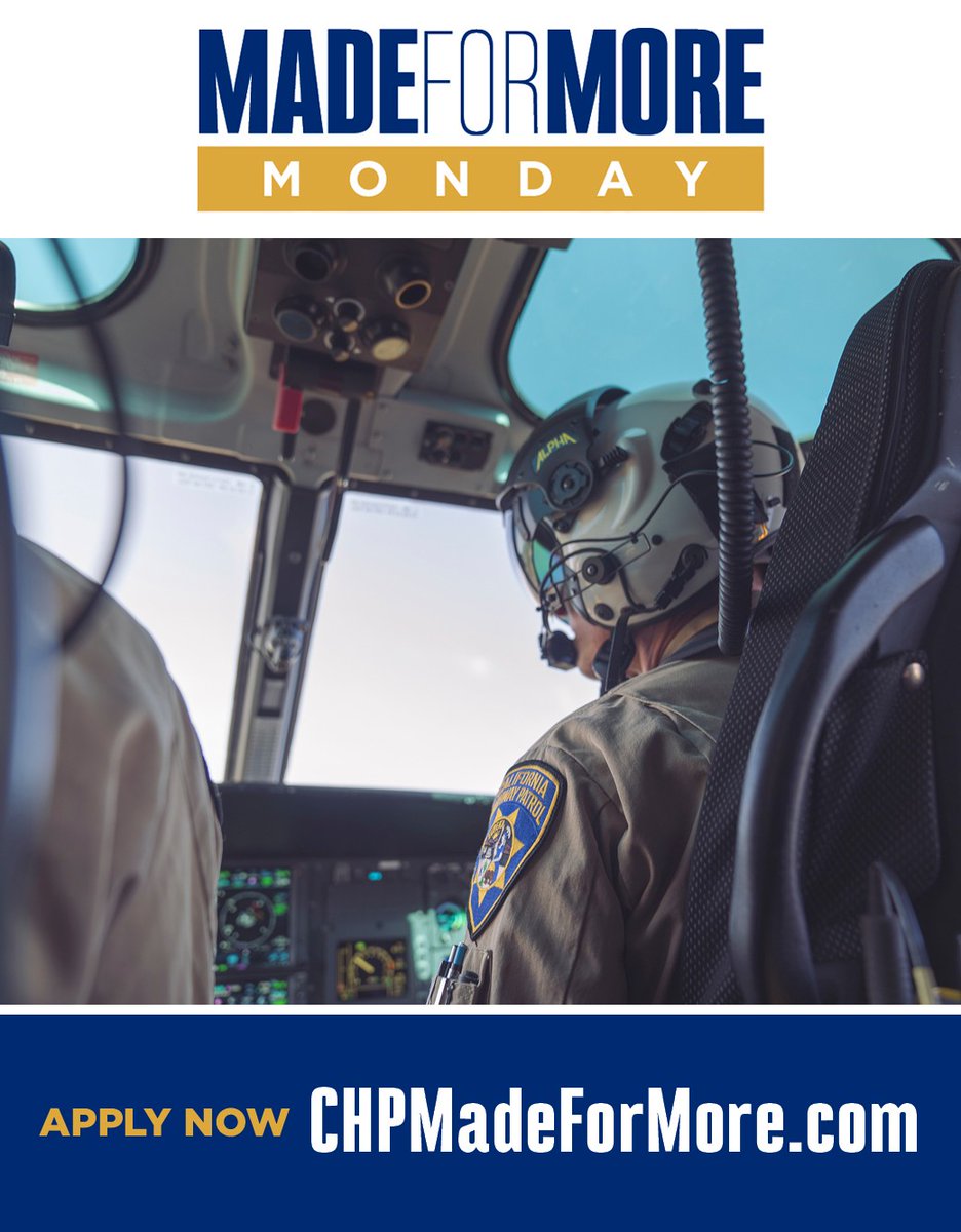 ChpHanford's tweet photo. hanfordYou were made for more.

More purpose. More challenge. More impact. Take the first step toward a career with the California Highway Patrol. Visit https://t.co/IvTzudKuEY to apply. 

#MadeForMoreMonday #JoinCHP #CHPcareers #CaliforniaHighwayPatrol https://t.co/TtRwTd8myH