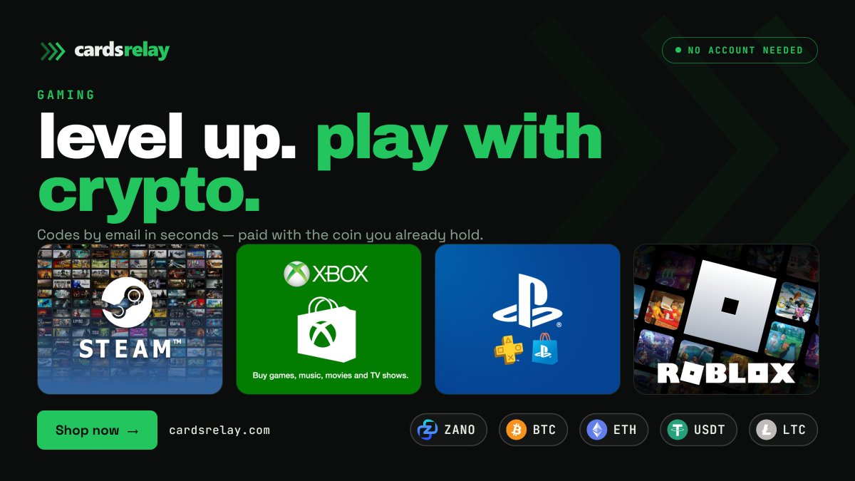 Cards_Relay's tweet photo. Steam, Xbox, PlayStation, Roblox. Every platform. One checkout. Pay with the coin you already hold. Code in your inbox in seconds. #crypto #gaming https://t.co/ioRRdC4VS3
