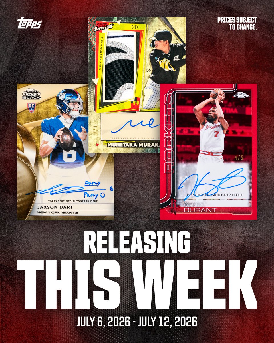 Topps's tweet photo. ⏰ RELEASING THIS WEEK ⏰

2025-26 Topps Chrome Update Basketball - Pre-Order 🏀
Tues. 7/7 - 12 PM EST - EQL release
Hobby Box: $529.99
20 packs per box, 4 cards per pack
1 autograph per box

2026 Topps Chrome VeeFriends Sapphire Ed. 💎
Wed. 7/8 - 11 AM EST - EQL release
Hobby Box: $449.99
8 packs per box, 4 cards per pack

2026 Topps Finest Baseball ⚾️
Wed. 7/8 - 12 PM EST
Hobby Box: $349.99
6 packs per box, 10 cards per pack
2 autographs per box

2025 Topps Chrome Black Football 🏈
Fri. 7/10 - 12 PM EST
Hobby Box: $329.99
2 packs per box, 6 cards per pack
1 autograph per box