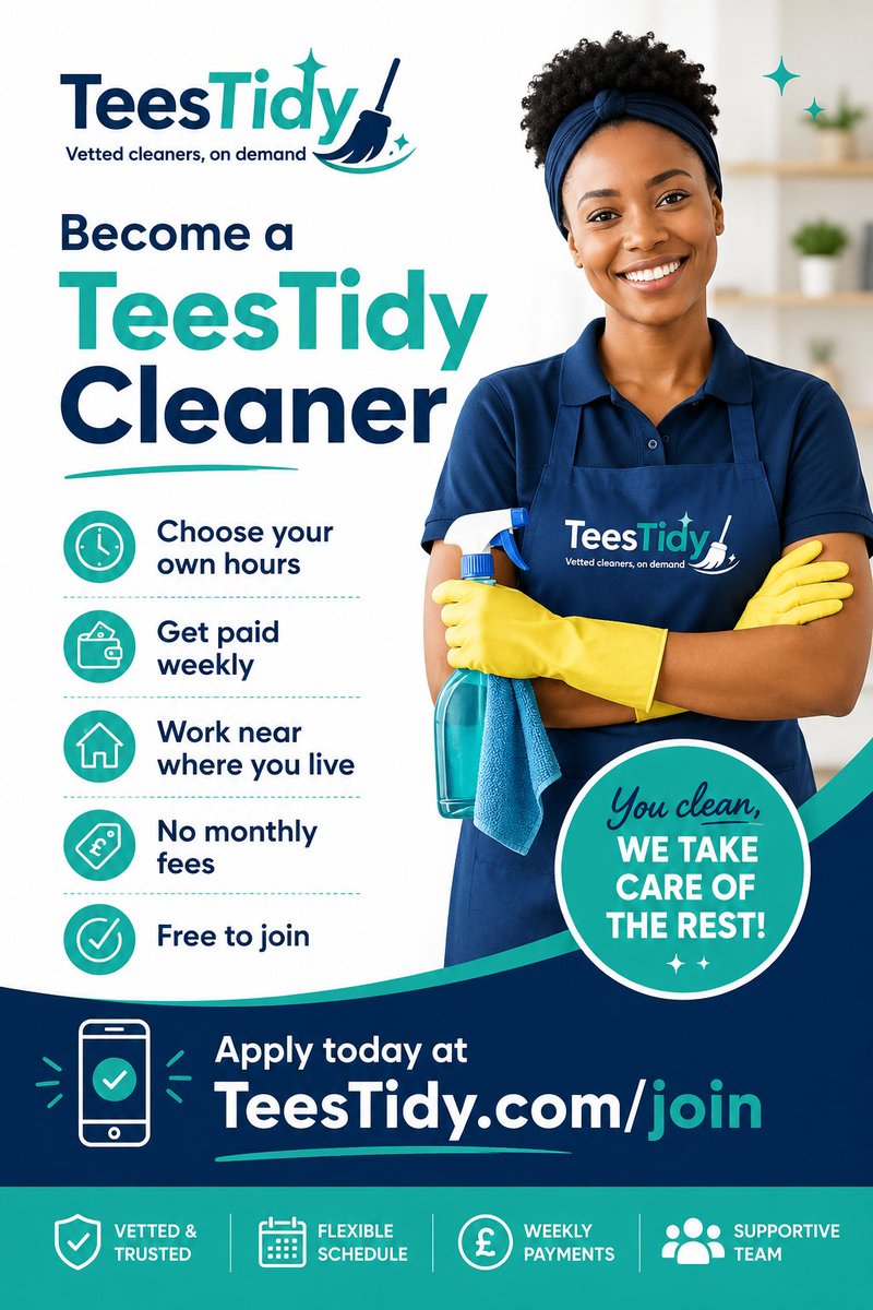 Teestidy's tweet photo. We're hiring cleaners across Tees Valley!

Looking for flexible work?

✅ Choose your own hours
💷 Get paid weekly
📍 Work close to home
🚫 No monthly fees
🎉 Free to join
Apply today 👉 https://t.co/axsyw9DtMl
Know someone who'd be interested? Tag them or repost to help us grow https://t.co/HpzPQvJVpy