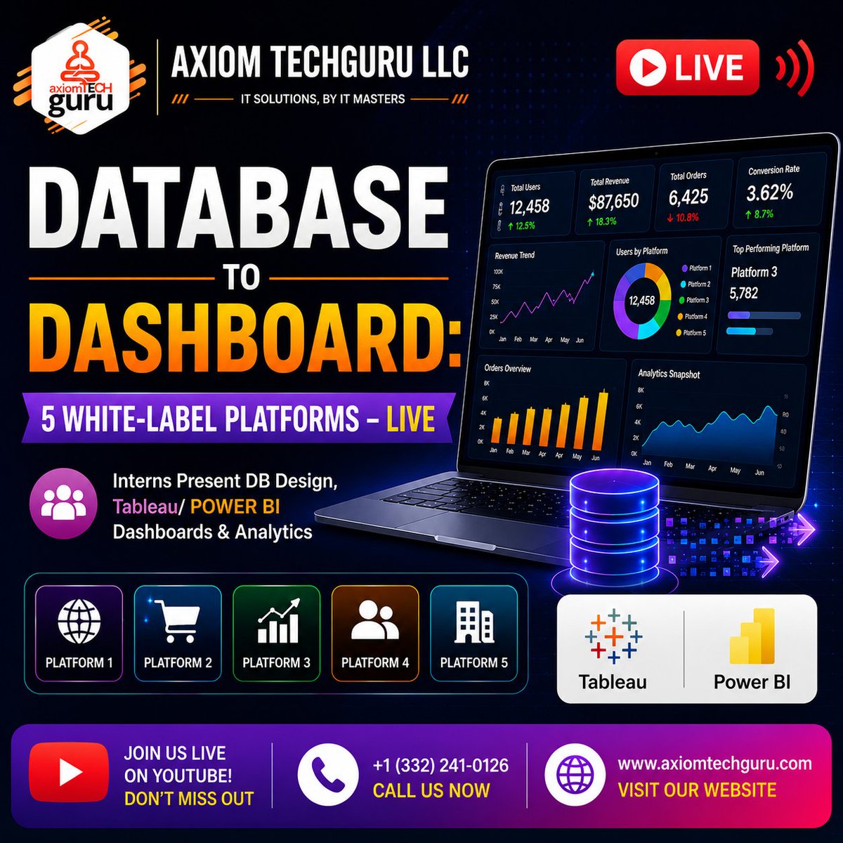AxiomTechGuru's tweet photo. 🚀 Database ➜ Dashboard
Learn how to build databases and transform them into powerful Tableau & Power BI dashboards across 5 White-Label Platforms.
🗄️ Database Design
📊 Tableau
📈 Power BI
💡 Business Intelligence
🔴 Join us LIVE!
#PowerBI #Tableau #DatabaseDesign https://t.co/IypD7ZtKEB