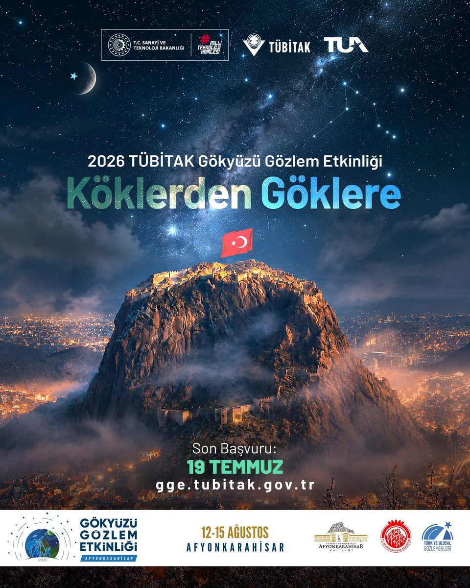 Tubitak's tweet photo. Köklerden Göklere; Durağımız Bu Yıl Afyonkarahisar! 🌌

TÜBİTAK Gökyüzü Gözlem Etkinliğimiz, Afyonkarahisar’da gerçekleştirilecek.

Gökyüzü meraklıları ile eşsiz bir atmosferde buluşacağımız etkinlikte; 

🗣️ Gündüzleri astronomi söyleşileri, bilim ve teknoloji atölyeleri ile gökyüzünü birlikte keşfedecek,

🔭 Geceleri ise teleskoplarımızı yıldızlara çevireceğiz.

Perseid Meteor Yağmuru’nun en yoğun döneminde; yıldızları, takımyıldızları, gezegenleri ve Samanyolu’nu gözlemlemek isteyenleri bekliyoruz! 🤗

🗓️ Etkinlik tarihi: 12-15 Ağustos
📍 Emre Gölü, Afyonkarahisar

📌 @TCSanayi 
📌 @tuajans  
📌 @bilimletoplum 

Başvurular ve detaylı bilgi: 👇
https://t.co/X98HKef3vL