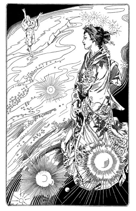 MuseeMagica's tweet photo. 暦。7月7日 #七夕 は恒例のこの絵の登場です。「年いちのデートで気合を入れてドレスアップした織女、そこにのこのこ普段着で現れる牽牛」、別名を「対岸のモブ」図。リンダー『日本説話集』（1896）の挿画はなかなかの切れ味であります。どうしてくれよう、と冷めた視線が怖いです。 https://t.co/wJPXdwnNq0